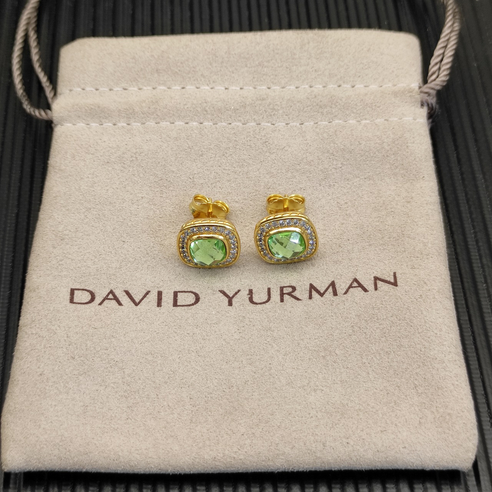 David Yurman Gold square diamond earrings with green diamonds
